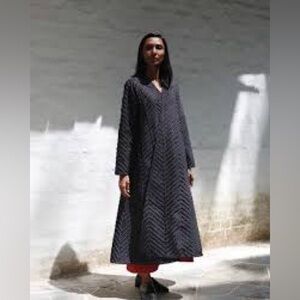 raag Blue and White A-Line Long Sleeve V-Neck Dress